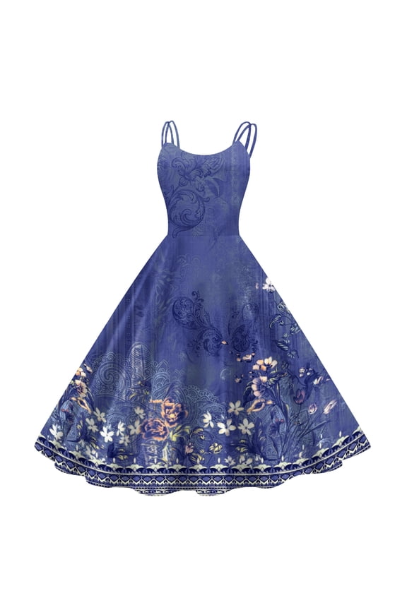 Girls Sleeveless Camisole Dresses Casual A-Line Sleeveless Camisole Dresses Spaghetti Strap Pleated Vintage Floral Print Swing Sundresses for 4-14t Kids,Royal Blue,5-6Years