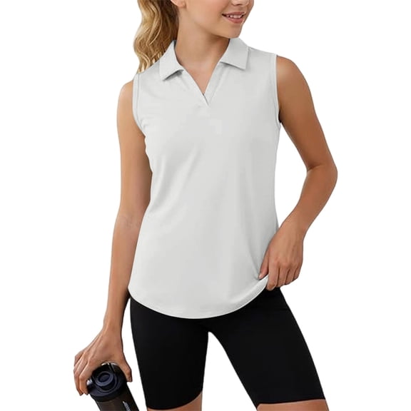 Abcomgle Girls Sleeveless Golf Polo Shirts Solid V-Neck Collared Girls Golf Outfit Quick Dry Athletic Sports Girls Uniform Shirts,White,12-13Years