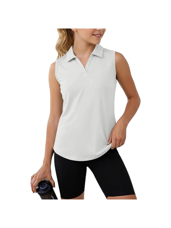 Girls Sleeveless Polo Shirts Solid V-Neck Collared Tank Top Quick Dry Athletic Tennis Polo for Girls,White,7-8Years