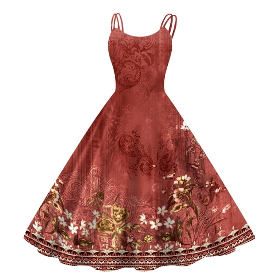 Abcomgle Girls Sleeveless Summer Dress Kids Casual A-Line Sleeveless Midi Dress Spaghetti Strap Summer Vintage Floral Print Swing Sundresses for 4-14t Kids,Red,13-14Years