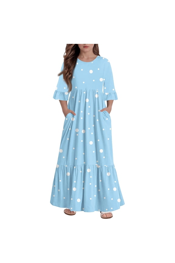 Girls Summer Dress Kids Casual A-Line 3/4 Sleeve Girls Long Dresses Polka Dot Crew Neck Sundresses Tiered Flowy Dresses with Pockets,9-10 Years Light Blue