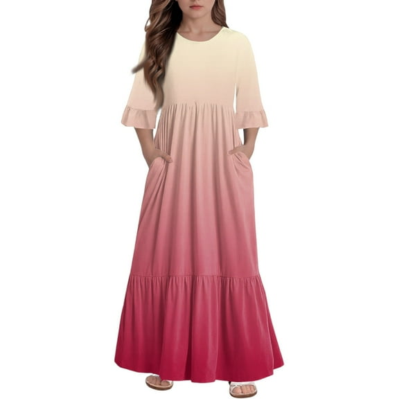 Abcomgle Girls Summer Dress Kids Casual A-Line 3/4 Sleeve Maxi Dress Gradient Crew Neck Sundresses Flowy Tiered Dresses with Pockets,13-14 Years Watermelon Red