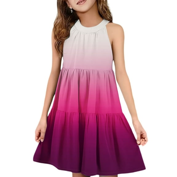 Abcomgle Girls Summer Dress Kids Casual Halter Neck Sleeveless Girls Dresses Gradient A-line Sundresses Beach Swing Dresses 7-8 Years,Hot Pink