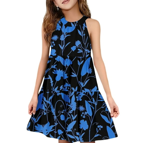 Abcomgle Girls Summer Dress Kids Casual Halter Neck Sleeveless Midi Dress Floral Print A-line Sundresses Flare Swing Dresses 3-4 Years,Blue