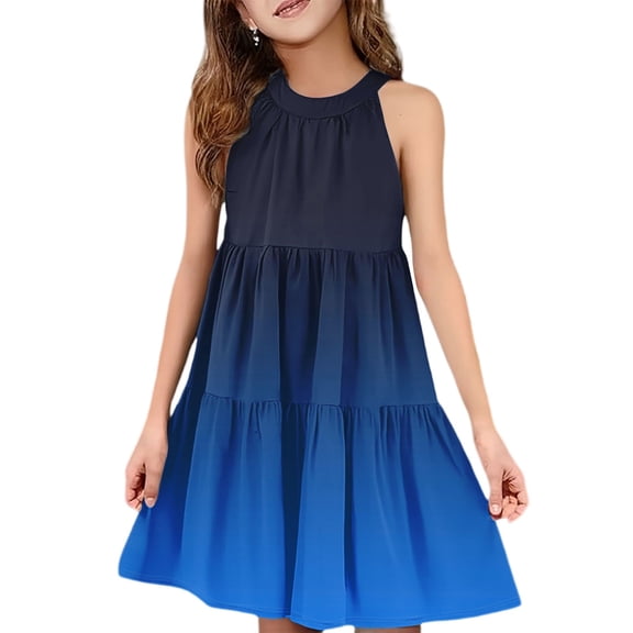 Abcomgle Girls Summer Dress Kids Casual Halter Neck Sleeveless Midi Dress Gradient A-line Sundresses Swing Flare Dresses 13-14 Years,Dark Blue
