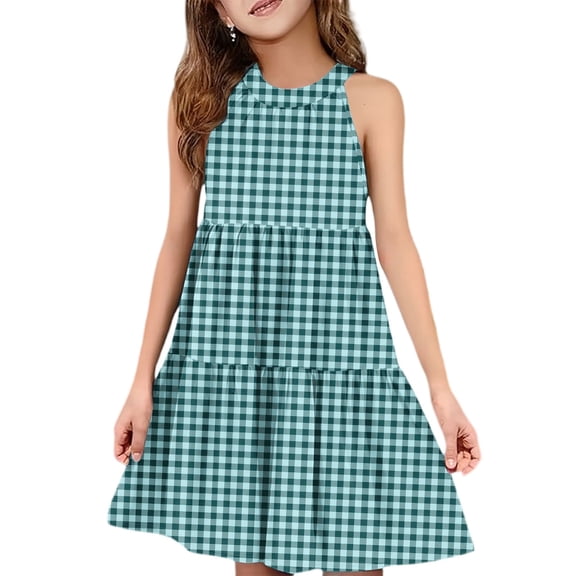 Abcomgle Girls Summer Dress Kids Casual Halter Neck Sleeveless Midi Dress Plaid A-line Sundresses Basic Swing Dresses 13-14 Years,Turquoise
