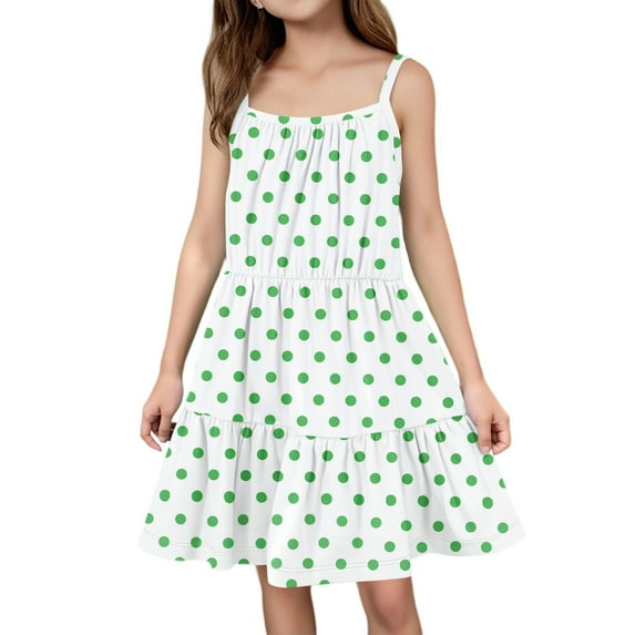 Abcomgle Girls Summer Dress Kids Casual Spaghetti Strap Sleeveless Cami Dress Polka Dot A-Line Sundresses Swing Tiered Dresses for 6-14 Years,Green