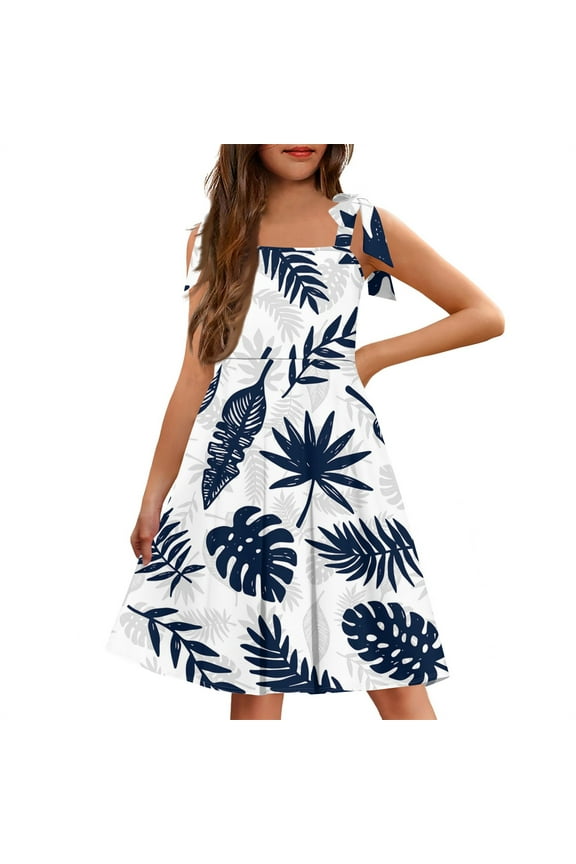 Girls Summer Dress Kids Casual Tie Shoulder Sleeveless Girls Cami Dresses Hawaiian Palm Tree Square Neck Sundresses Swing Beach Dresses with Pockets 8-9 Years ,White