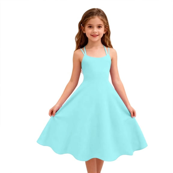 Abcomgle Girls Summer Dress Size 14-16 Casual A-Line Sleeveless Midi Dress Spaghetti Strap Beach Solid Swing Sundresses for 4-14t Kids,Light Blue,7-8Years