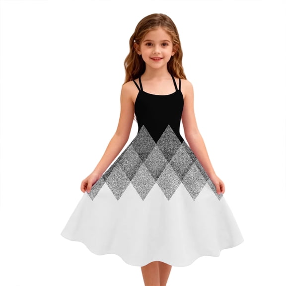 Abcomgle Girls Summer Dress Size 14-16 Casual A-Line Sleeveless Midi Dress Spaghetti Strap Summer Diamond Swing Sundresses for 4-14t Kids,Black,13-14Years