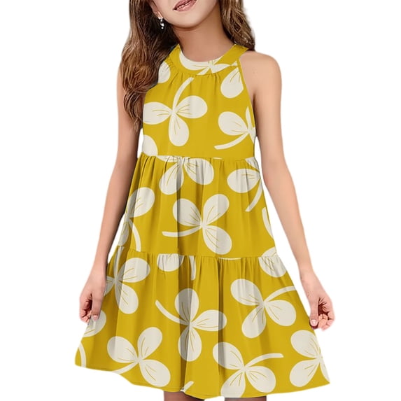 Abcomgle Girls Summer Dress Size 14-16 Casual Halter Neck Sleeveless Girls Dresses Floral Print A-line Sundresses Swing Beach Dresses 7-8 Years,Earthy Yellow