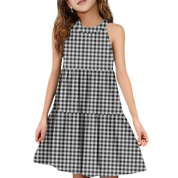 Abcomgle Girls Summer Dress Size 14-16 Casual Halter Neck Sleeveless Girls Dresses Plaid A-line Sundresses Swing Basic Dresses 13-14 Years,Black