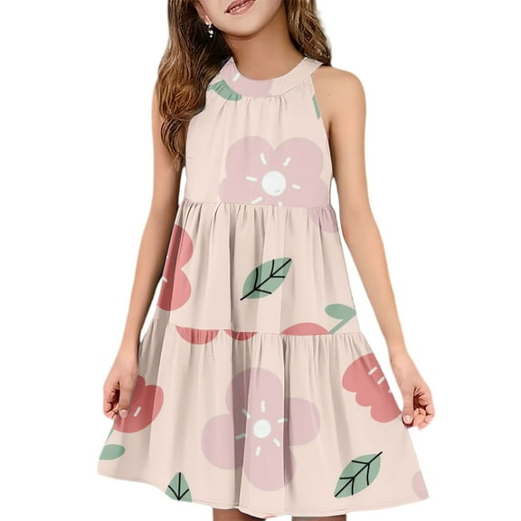 Abcomgle Girls Summer Dress Size 14-16 Casual Halter Neck Sleeveless Midi Dress Floral Print A-line Sundresses Basic Swing Dresses 11-12 Years,Light pink