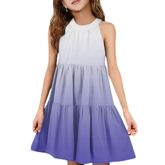 Abcomgle Girls Summer Dress Size 14-16 Casual Halter Neck Sleeveless Midi Dress Gradient A-line Sundresses Beach Swing Skirt 5-6 Years,Blue