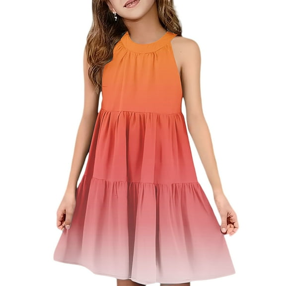 Abcomgle Girls Summer Dress Size 14-16 Casual Halter Neck Sleeveless Midi Dress Gradient A-line Sundresses Summer Swing Dresses 7-8 Years,Orange