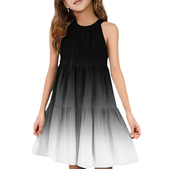 Abcomgle Girls Summer Dress Size 14-16 Casual Halter Neck Sleeveless Midi Dress Gradient A-line Sundresses Swing Beach Dresses 5-6 Years,Black