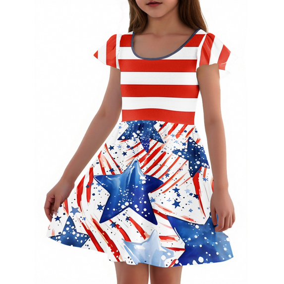 Abcomgle Girls Summer Dress Size 14-16 Stars Striped Graphic 4th Of July Dresses Casual A-Line Fly Sleeve Skateres Cute Fashion 4th Of July Sundresses 4-5 Years,Blue