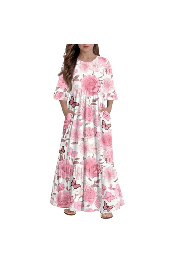 Girls Fall Dresses Size 7-8 Casual A-Line 3/4 Sleeve Girls Long Dresses Butterfly Graphic Crew Neck Sundresses Tiered Dresses with Pockets,9-10 Years Watermelon Red