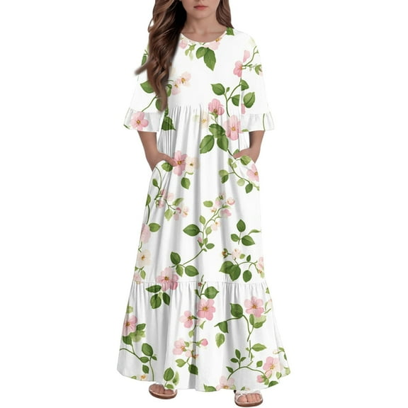 Abcomgle Girls Fall Dresses Size 7-8 Casual A-Line 3/4 Sleeve Girls Long Dresses Floral Print Crew Neck Sundresses Tiered Loose Dresses with Pockets,5-6 Years Light Green