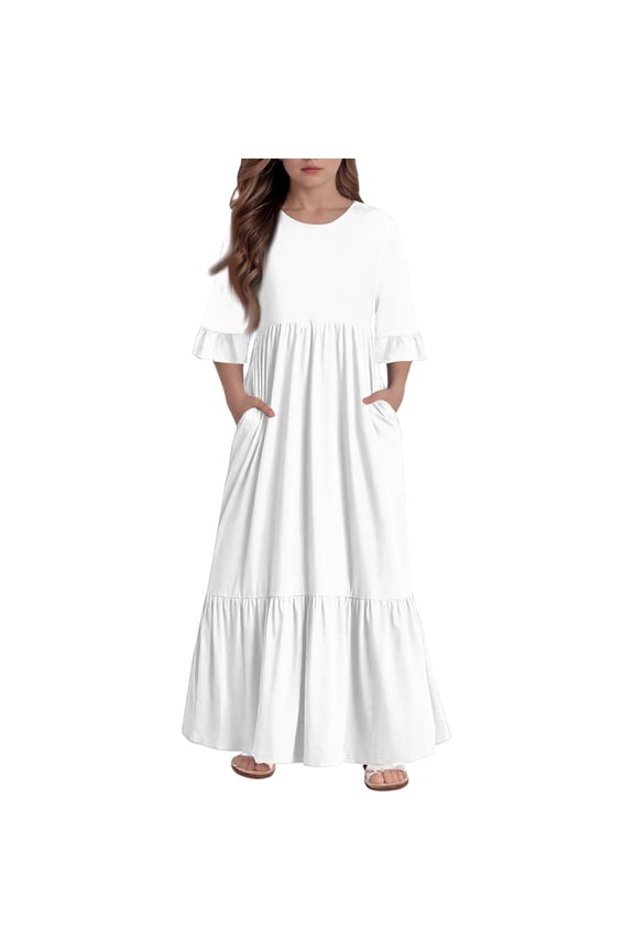 Girls Fall Dresses Size 7-8 Casual A-Line 3/4 Sleeve Girls Long Dresses Solid Color Crew Neck Sundresses Loose Tiered Dresses with Pockets,4-5 Years White