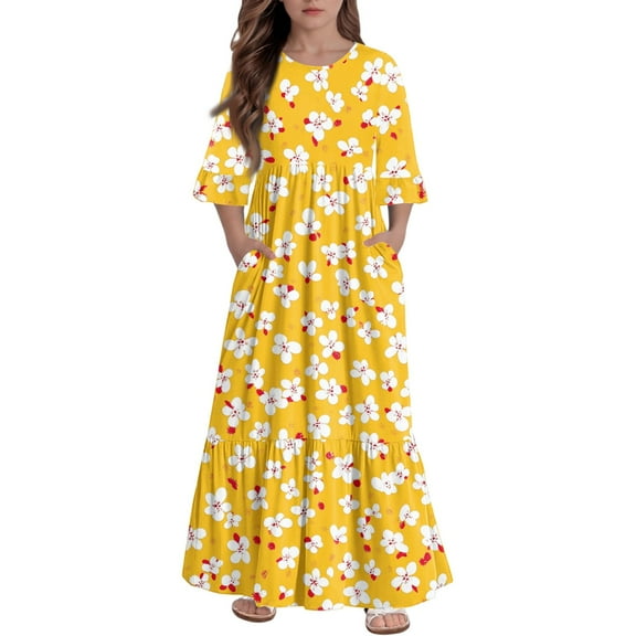 Abcomgle Girls Fall Dresses Size 7-8 Casual A-Line 3/4 Sleeve Maxi Dress Floral Print Crew Neck Sundresses Summer Tiered Dresses with Pockets,13-14 Years Earthy Yellow