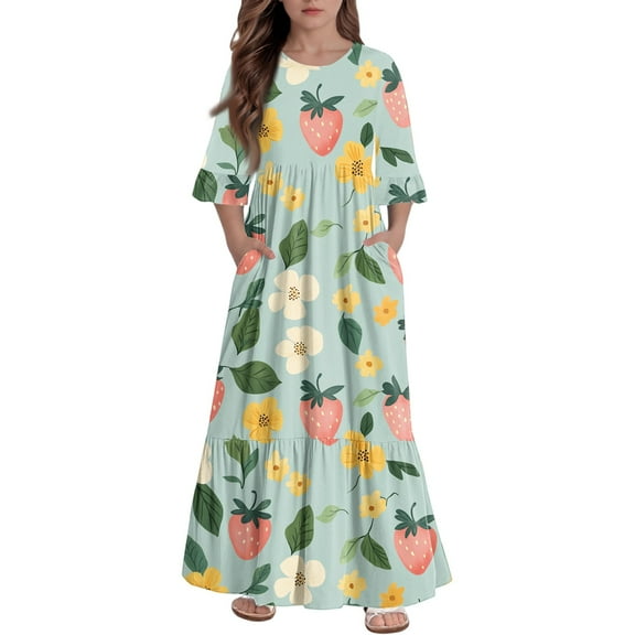Abcomgle Girls Fall Dresses Size 7-8 Casual A-Line 3/4 Sleeve Maxi Dress Strawberry Graphic Crew Neck Sundresses Tiered Dresses with Pockets,11-12 Years Green
