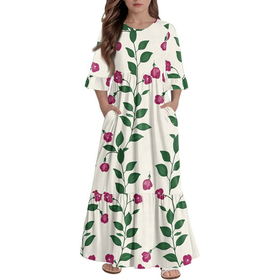 Abcomgle Girls Summer Dress Size 7-8 Casual A-Line 3/4 Sleeve Maxi Dress Vintage Floral Print Crew Neck Sundresses Beach Tiered Dresses with Pockets,5-6 Years Light Green