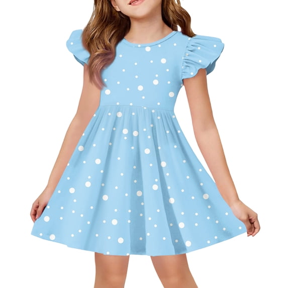 Abcomgle Girls Summer Dress Size 7-8 Casual A-Line Flutter Sleeve Midi Dress Polka Dot Holiday Crew Neck Swing Skirt for 4-14t Kids,Light Blue