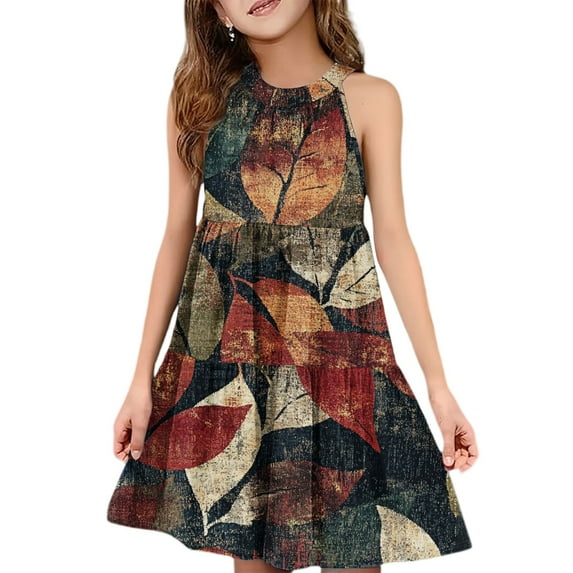 Abcomgle Girls Summer Dress Size 7-8 Casual Halter Neck Sleeveless Girls Dresses Camo Maple A-line Sundresses Swing Dresses 11-12 Years,Wine