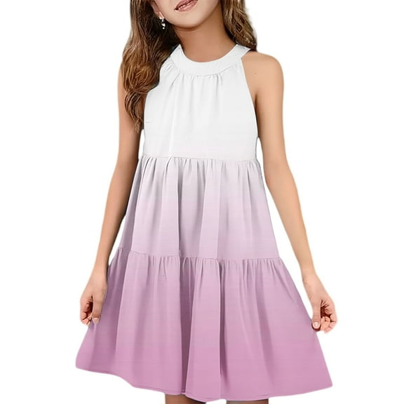 Abcomgle Girls Summer Dress Size 14-16 Casual Halter Neck Sleeveless Girls Dresses Gradient A-line Sundresses Summer Swing Skirt 7-8 Years,Pink