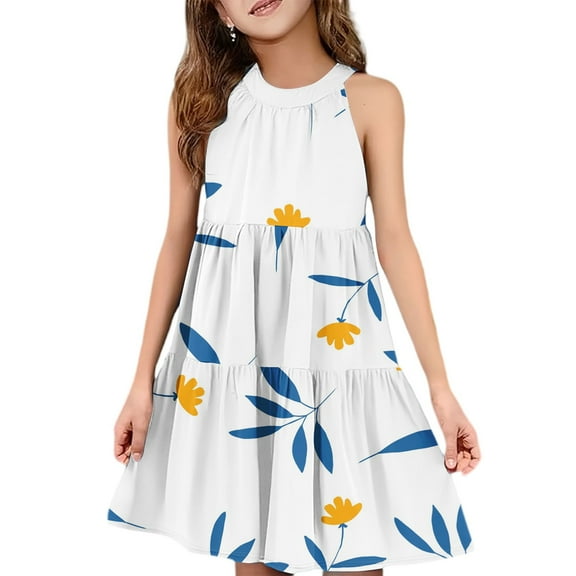 Abcomgle Girls Summer Dress Size 7-8 Casual Halter Neck Sleeveless Midi Dress Floral Print A-line Sundresses Holiday Swing Dresses 7-8 Years,White