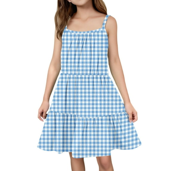 Abcomgle Girls Summer Dress Size 7-8 Casual Spaghetti Strap Sleeveless Cami Dress Plaid A-Line Sundresses Tiered Swing Dresses for 4-14t Kidss,Blue