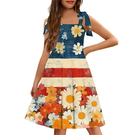Abcomgle Girls Summer Dress Size 7-8 Casual Tie Shoulder Sleeveless Cami Dress American Flag Daisy Flower Square Neck Sundresses Flare Swing Dresses with Pockets 3-4 Years ,Orange