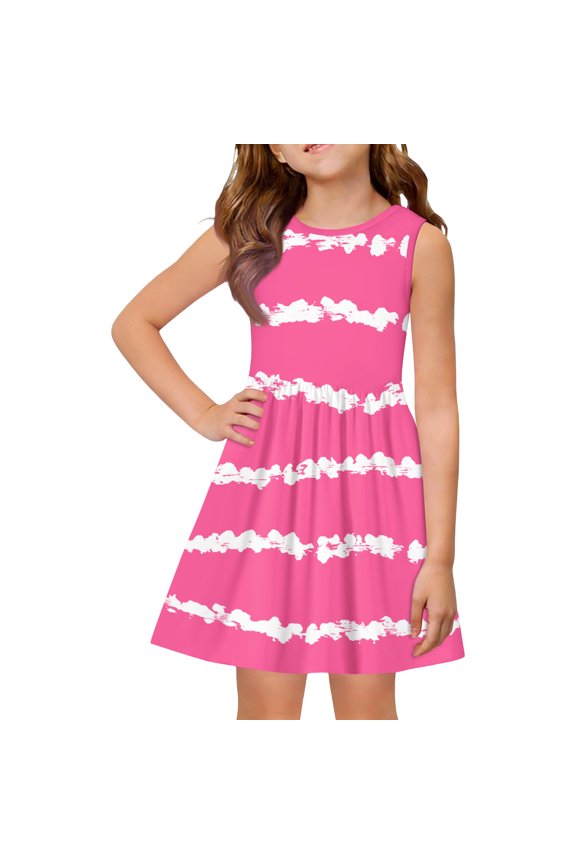 Girls Summer Dresses 7-8 Casual A-Line Sleeveless Midi Dress Striped Crew Neck Swing Basic Sundressess for 2-14t Kids,Hot Pink,7-8Years