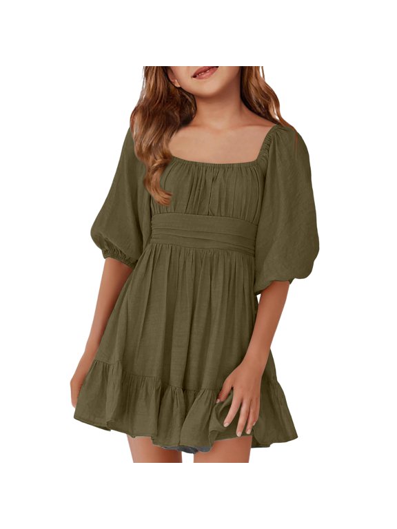 Girls Summer Dresss 7-8 Tie Backless A-Line Lantern Sleeve Tshirt Dresses Cute Ruffle Square Neck Casual Sundresses for 4-14t Kids,Army Green,12-13Years