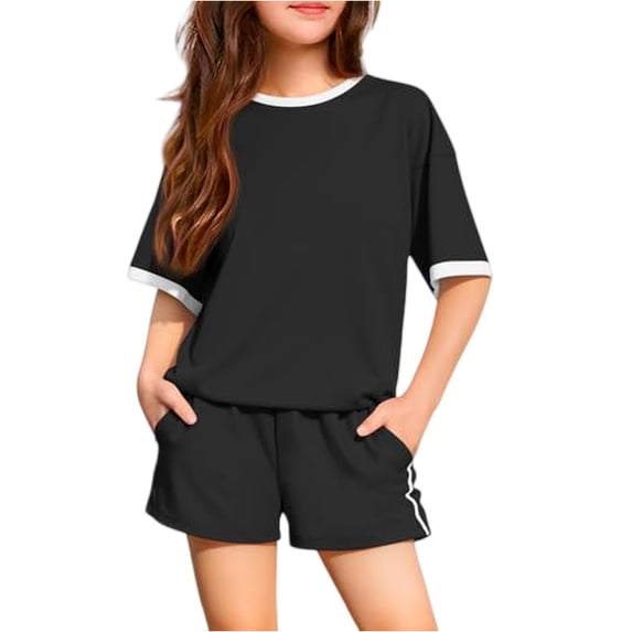 Abcomgle Girls Summer Outfits 14-16 Colorblock Short Sleeve T Shirts and Elastic Waist Shorts Cute Casual Girls Summer Outfits,Black,9-10Years
