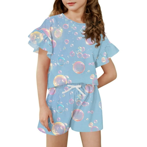 Abcomgle Girls Summer Outfits 14-16 Gradient Ruffle Sleeve T-Shirts and Elastic Waist Shorts Cute Casual Girls Summer Clothes 12-13 Years,Blue