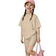 thumbnail image 1 of Abcomgle Girls Summer Outfits 14-16 Oversized Short Sleeve Tshirts and Biker Shorts Athletic Casual Summer Sets for Girls,Khaki,5-6Years, 1 of 7