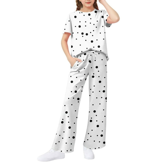 Abcomgle Girls Summer Outfits 14-16 Polka Dot Short Sleeve Tshirts and Wide Leg Pants Set Cute Trendy Girls Lounge Set,4-5 Years