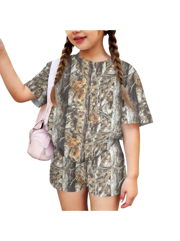 Girls Summer Outfits 4-16 Camo Short Sleeve T-Shirts and Elastic Waist Shorts Cute Casual Girls' Clothing Sets