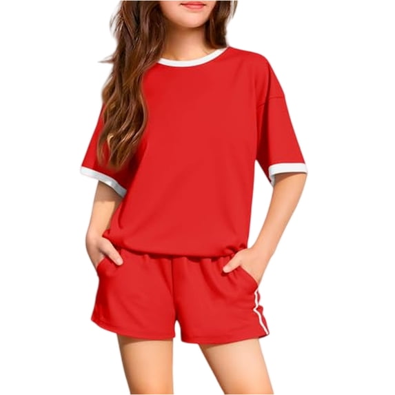 Abcomgle Girls Summer Outfits 4-16 Colorblock Short Sleeve T-Shirts and Elastic Waist Shorts Cute Casual Girls Summer Outfits,Red,2-3Years