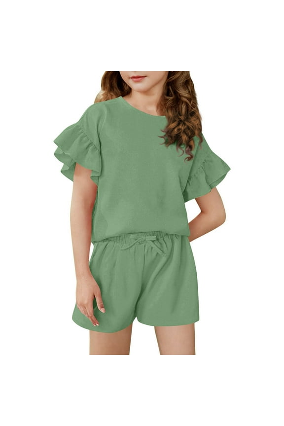 Girls Short Sets Size 7-8 Girls 2 Piece Outfits Ruffle Sleeve Shirts and Drawstring Shorts Cute Preppy Girls Short Sets 8-9 Years,Green