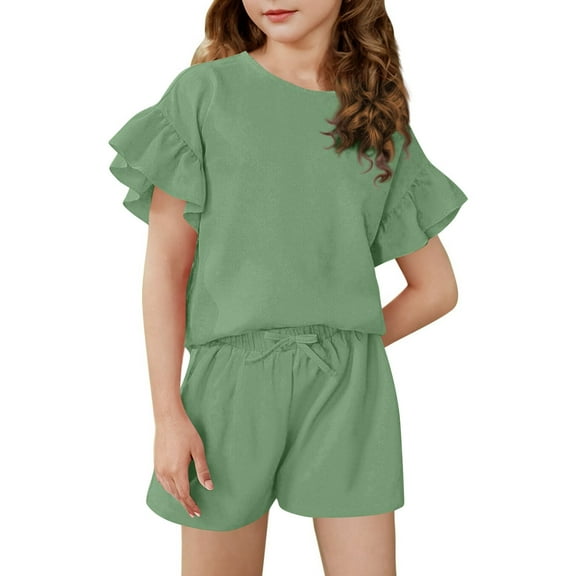 Abcomgle Girls Short Sets Size 7-8 Girls 2 Piece Outfits Ruffle Sleeve Shirts and Drawstring Shorts Cute Preppy Girls Short Sets 8-9 Years,Green
