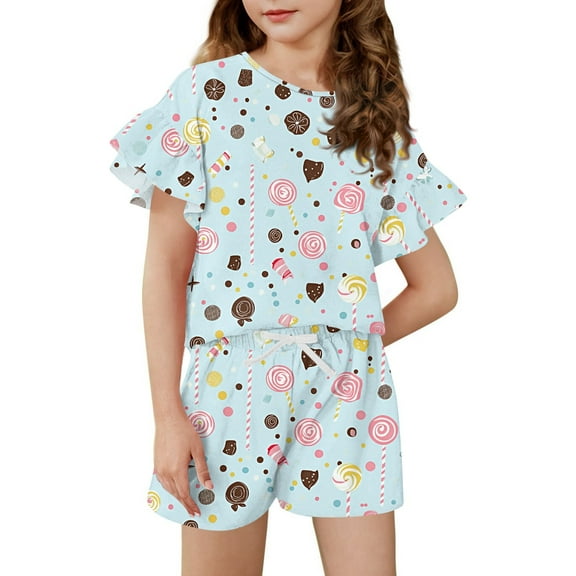 Abcomgle Girls 2 Piece Outfits 4-16 Floral Print Ruffle Sleeve Shirts and Elastic Waist Shorts Cute Casual Summer Sets for Girls 6-7 Years,Light Blue