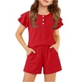thumbnail image 1 of Abcomgle Girls Summer Outfits 4-16 Ruffle Sleeve Button Down Tee Top and Elastic Waist Shorts Cute Trendy Girls Outfits,Red,7-8Years, 1 of 6