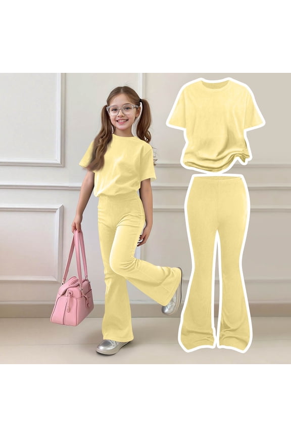 Girls Summer Outfits 4-16 Solid Short Sleeve Shirts and Flare Leg Pants Cute Trendy Girls Outfits,Yellow,9-10Years