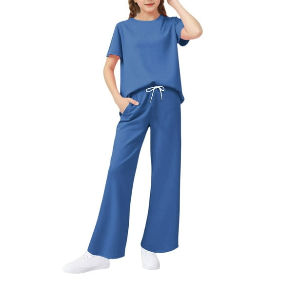 Abcomgle Girls Summer Outfits 4-16 Solid Short Sleeve T Shirts and Wide Leg Pants Set Cute Casual Girls Lounge Set,13-14 Years