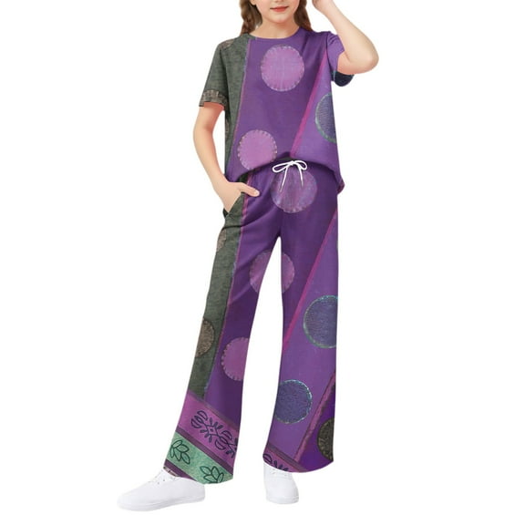 Abcomgle Girls Summer Outfits 7-8 Boho Short Sleeve Tee Top and Wide Leg Pants Set Cute Preppy Girls Lounge Set,11-12 Years