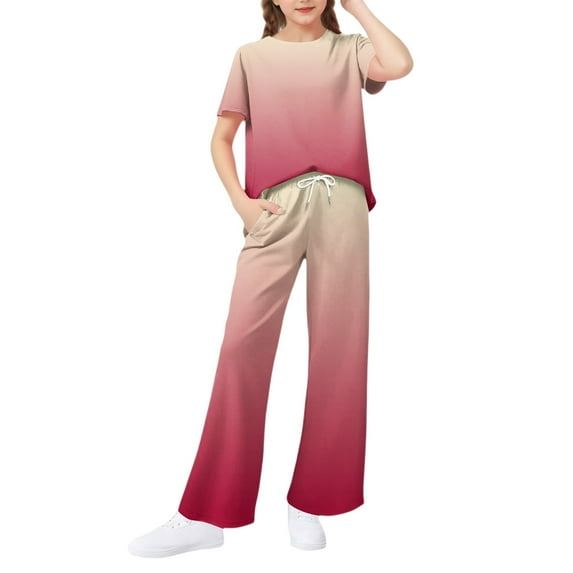 Abcomgle Girls Summer Outfits 7-8 Gradient Short Sleeve T Shirts and Wide Leg Pants Set Cute Trendy Girls Lounge Set,9-10 Years