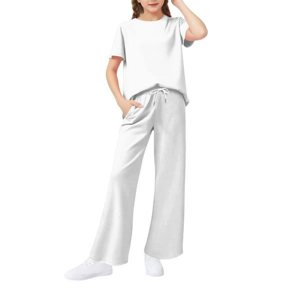 Abcomgle Girls Summer Outfits 7-8 Solid Short Sleeve T Shirts and Wide Leg Pants Set Cute Trendy Girls Activewear Sets,13-14 Years